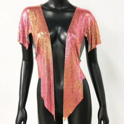 Iridescent red Women Sexy Metal Sequins Tops Summer Glitter Beach Bikini Cardigan Cover Up Night Club Party Rave Festival Loose Coat
