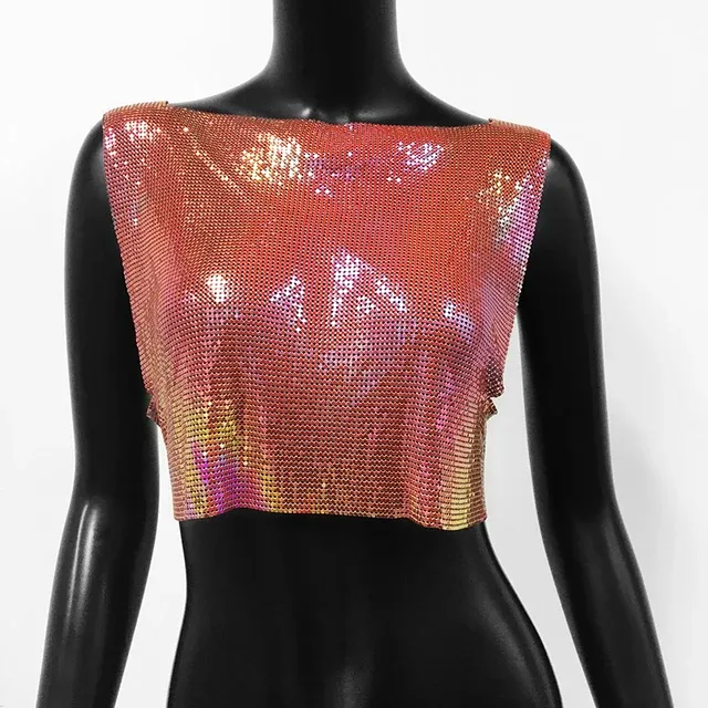 Sexy Metal Sequin Tank Top For Women y2k Summer Beach Backless Crop Top Rave Festival Club Outfits Camisole