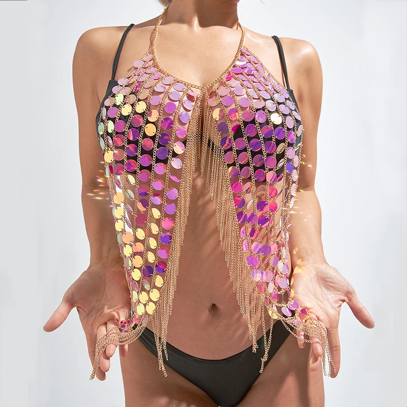 Shiny Corset Top Women 2023 y2k Festival Bright Sequins Metal Chain Tassel Female Sexy See Through Backless Woman Crop Tank Tops