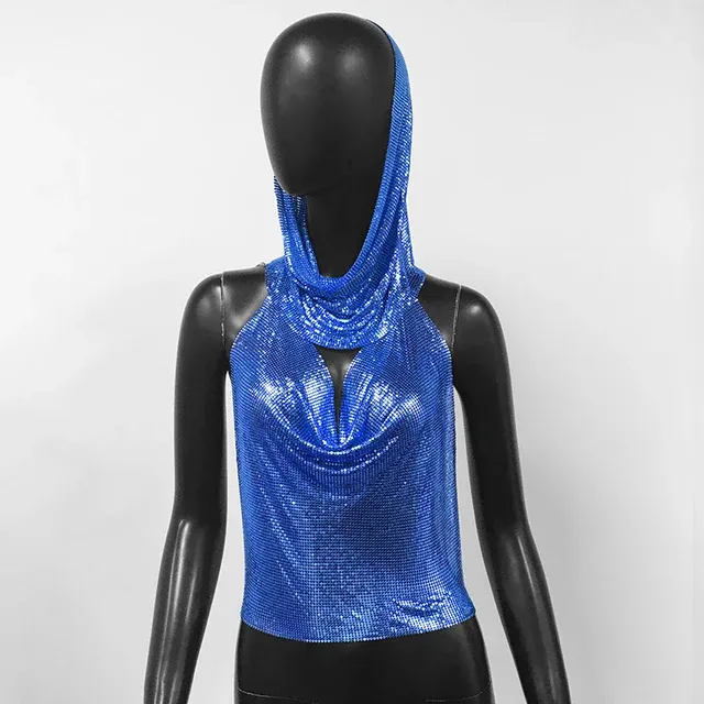 Women Metal Sequins Tank Top With Turban 2 Piece Sexy V Neck Backless Suspender Top Rave Festival Party Nightclub Camisole