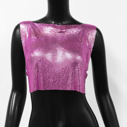 Rose Red Sexy Metal Sequin Tank Top For Women y2k Summer Beach Backless Crop Top Rave Festival Club Outfits Camisole