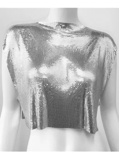 Silver Y2k Shiny Metallic Sequins Festival T- Shirts Crop Tops Sexy Women Sleeveless See Through Glitter Sequin Club Party Rave T Shirt