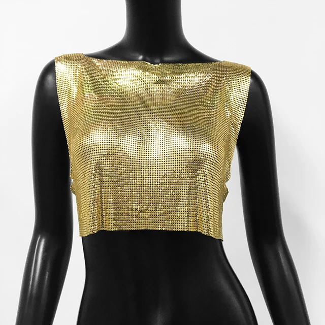 Gold Sexy Metal Sequin Tank Top For Women y2k Summer Beach Backless Crop Top Rave Festival Club Outfits Camisole
