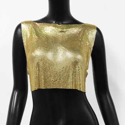 Gold Sexy Metal Sequin Tank Top For Women y2k Summer Beach Backless Crop Top Rave Festival Club Outfits Camisole