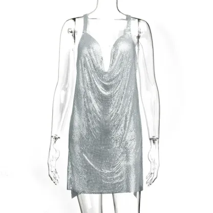 Silver Sexy Metal Crystal Dress Summer V-Neck Hollow Backless Tank Top Women Rhinestone Birthday Party Mini Sling