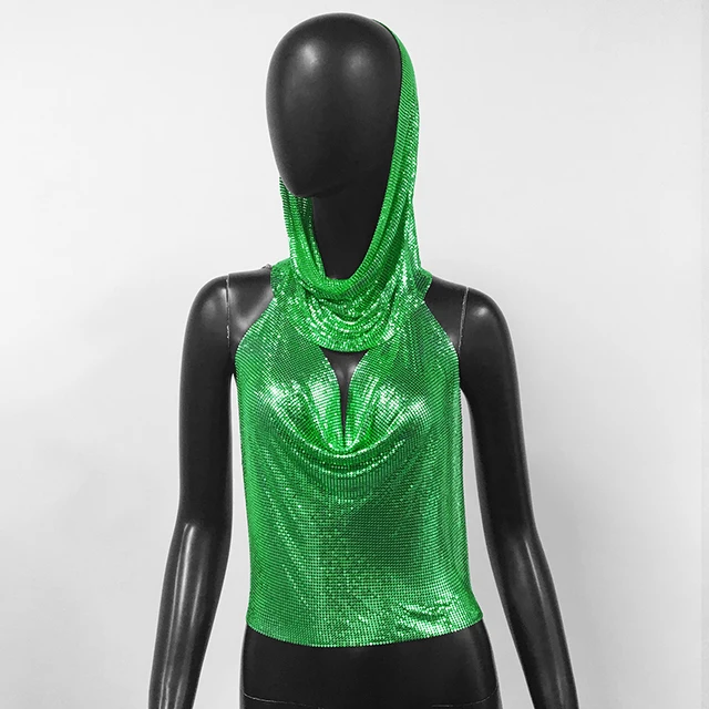 Green Women Metal Sequins Tank Top With Turban 2 Piece  Sexy V Neck Backless   Suspender Top Rave Festival Party Nightclub Camisole