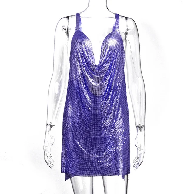 Purple Sexy Metal Crystal Dress Summer V-Neck Hollow Backless Tank Top Women Rhinestone Birthday Party Mini Sling