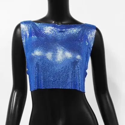Royal Blue Sexy Metal Sequin Tank Top For Women y2k Summer Beach Backless Crop Top Rave Festival Club Outfits Camisole