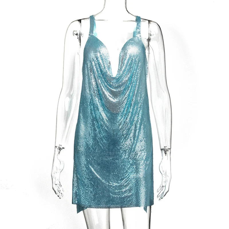 Lake Blue Sexy Metal Crystal Dress Summer V-Neck Hollow Backless Tank Top Women Rhinestone Birthday Party Mini Sling