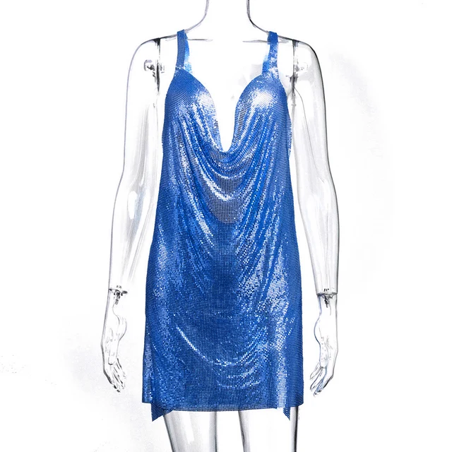 Blue Sexy Metal Crystal Dress Summer V-Neck Hollow Backless Tank Top Women Rhinestone Birthday Party Mini Sling