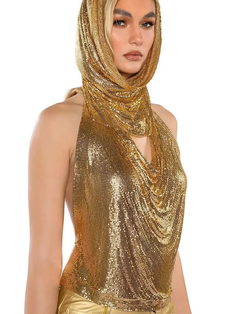 Gold Women Metal Sequins Tank Top With Turban 2 Piece  Sexy V Neck Backless   Suspender Top Rave Festival Party Nightclub Camisole