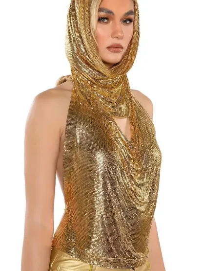 Gold Women Metal Sequins Tank Top With Turban 2 Piece  Sexy V Neck Backless   Suspender Top Rave Festival Party Nightclub Camisole