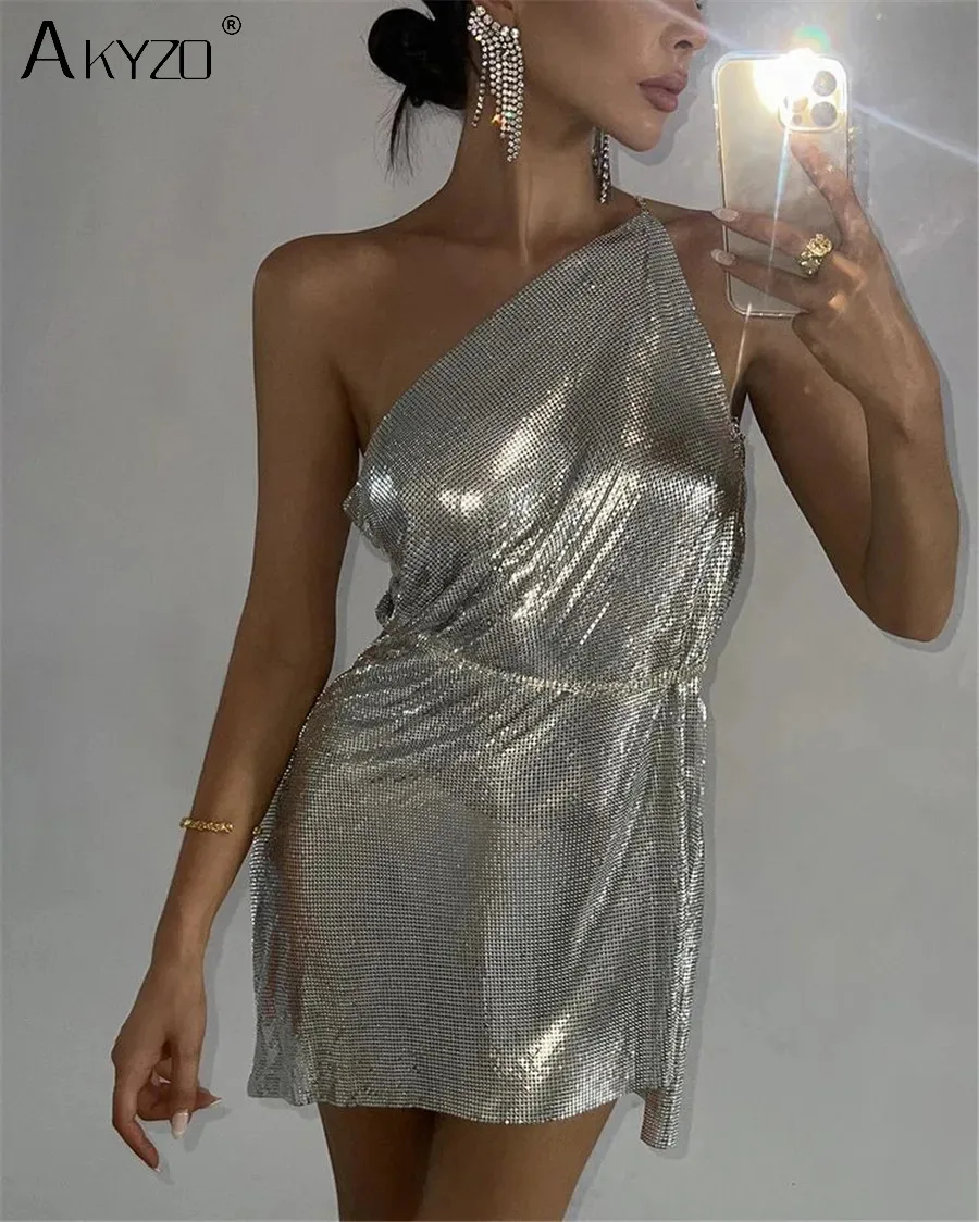 Silver Glitter Metallic Sequins Mini Dress Sexy Backless Single Shoulder Side Split Dress For Women Rave Festival Party Evening Dresses