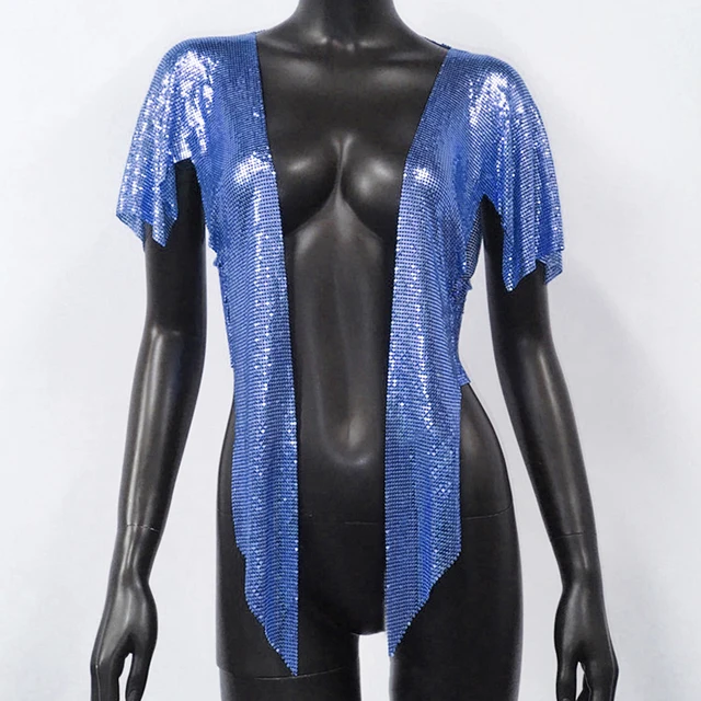 Royal Blue Women Sexy Metal Sequins Tops Summer Glitter Beach Bikini Cardigan Cover Up Night Club Party Rave Festival Loose Coat