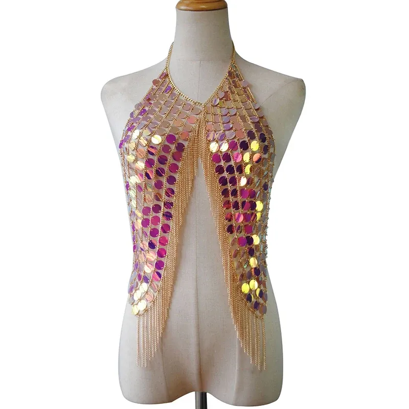 Shiny Corset Top Women 2023 y2k Festival Bright Sequins Metal Chain Tassel Female Sexy See Through Backless Woman Crop Tank Tops