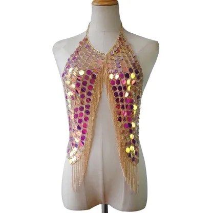 Shiny Corset Top Women 2023 y2k Festival Bright Sequins Metal Chain Tassel Female Sexy See Through Backless Woman Crop Tank Tops