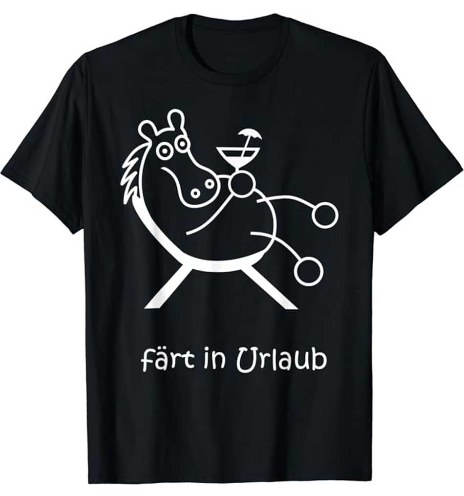 Lustiges Pferd mit Rädern färt in Urlaub schwarz T-Shirt für Herren