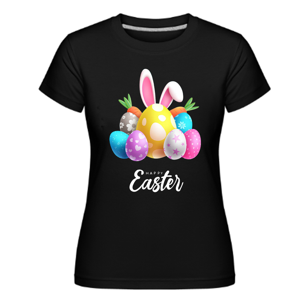 Frohe Ostern Happy Easter Hase Druck Damen schwarz kurzarm T-Shirt