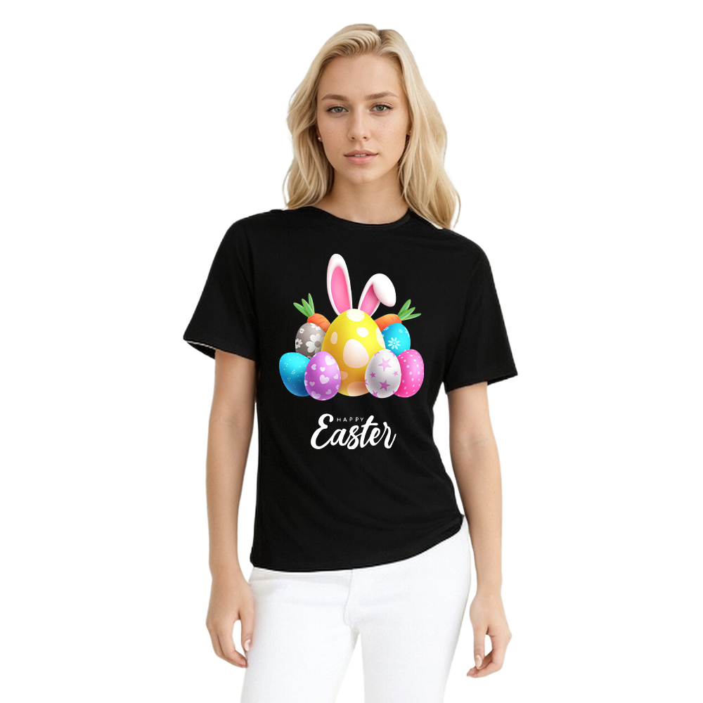 Frohe Ostern Happy Easter Hase Druck Damen schwarz kurzarm T-Shirt