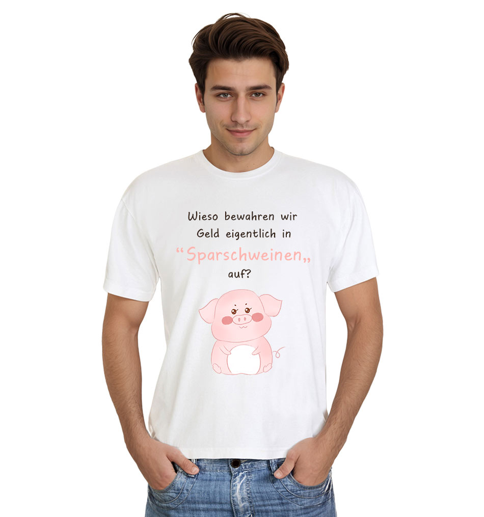 Wieso bewahren wir Geld eigentlich in „Sparschweinen“ auf? T-Shirt für Herren