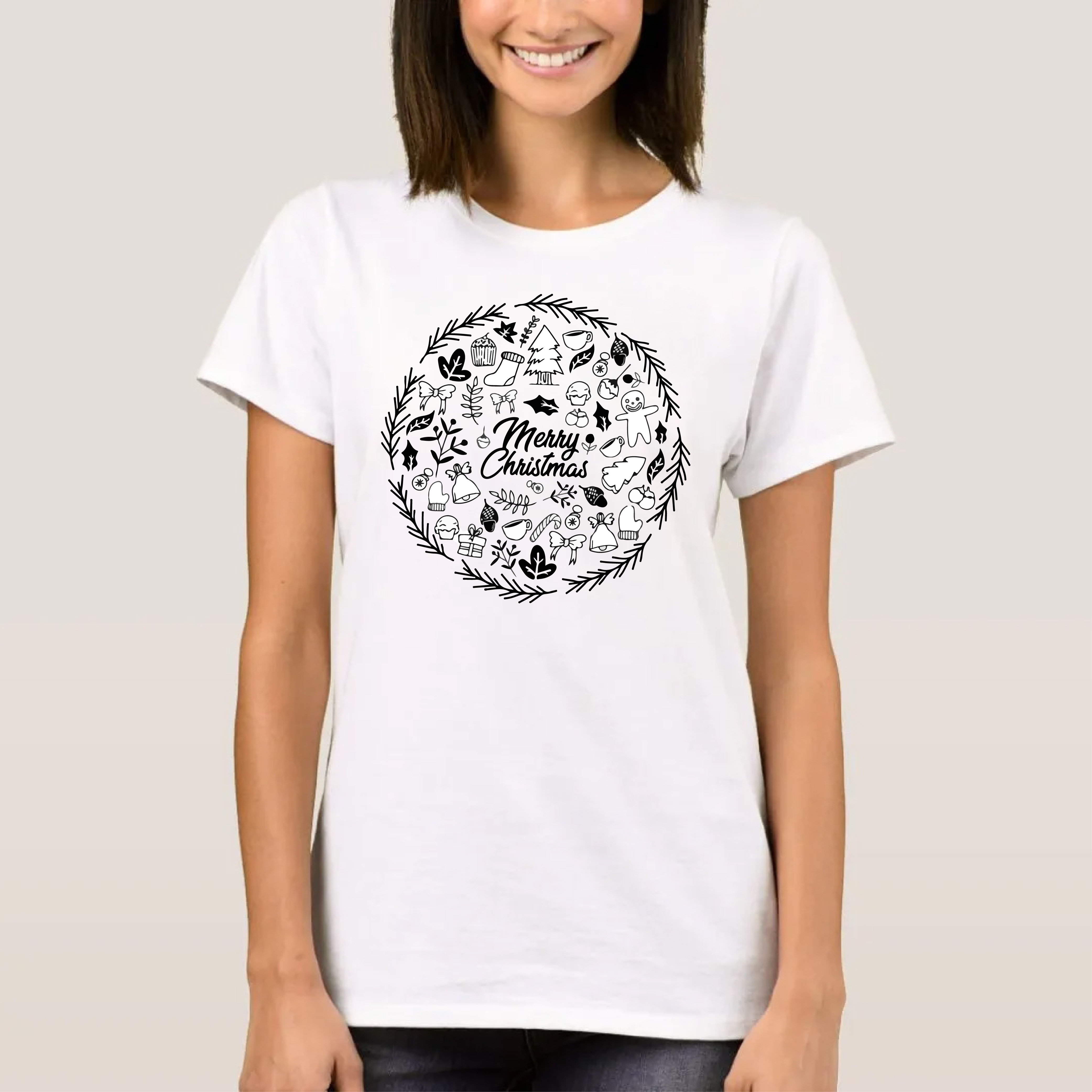 Damen weiß Merry Christmas Weihnachten Weihnachtskränze Druck T-Shirt