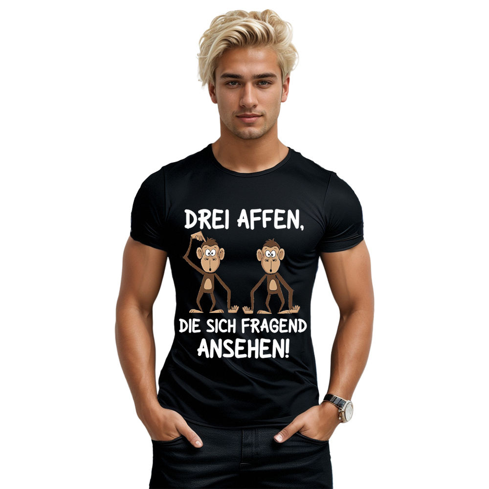 Drei Affen, die sich fragend ansehen! lustiges schwarz T-Shirt