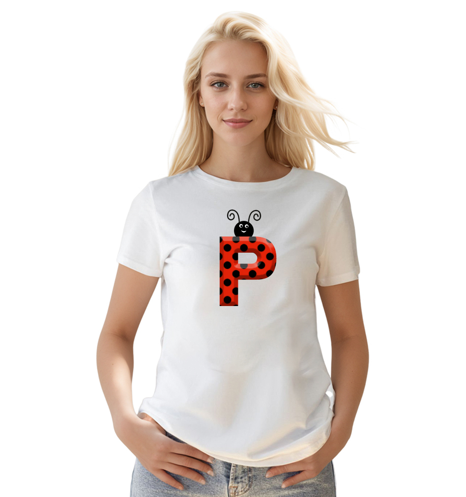 Ladybug Alphabets Buchstabe P druck weiß T-Shirt für Damen