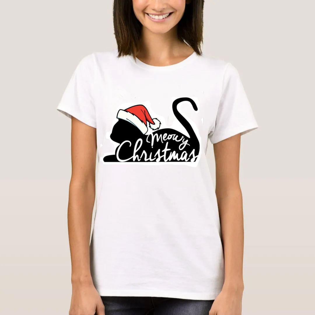 Weihnachten weiß Katze mit Weihnachtsmütze Druck lustig T-Shirt