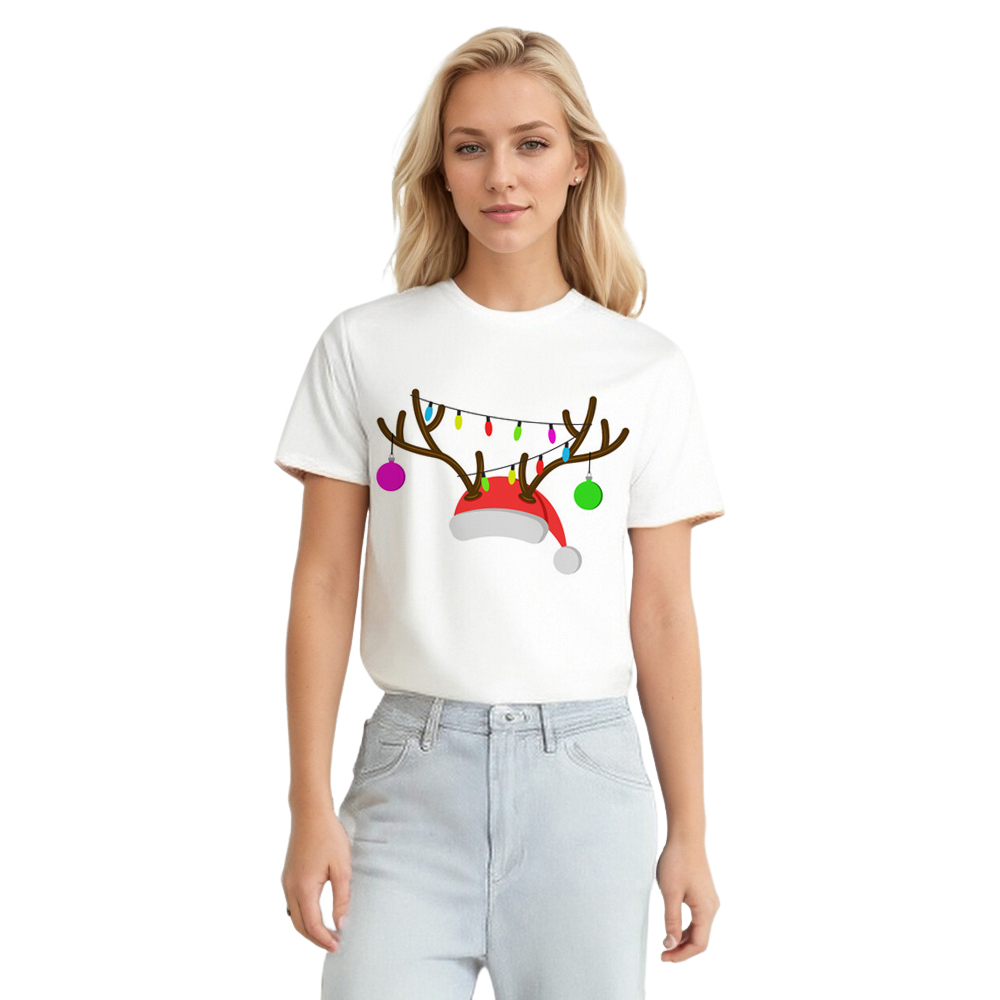 Damen Weiß Weihnachten Weihnachtsmütze Rehtier Druck lustig T-Shirt