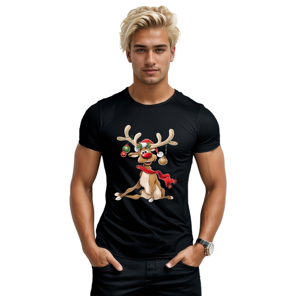 Frohe Weihnachten schwarz unisex Rentier Druck lustiges T-Shirt 