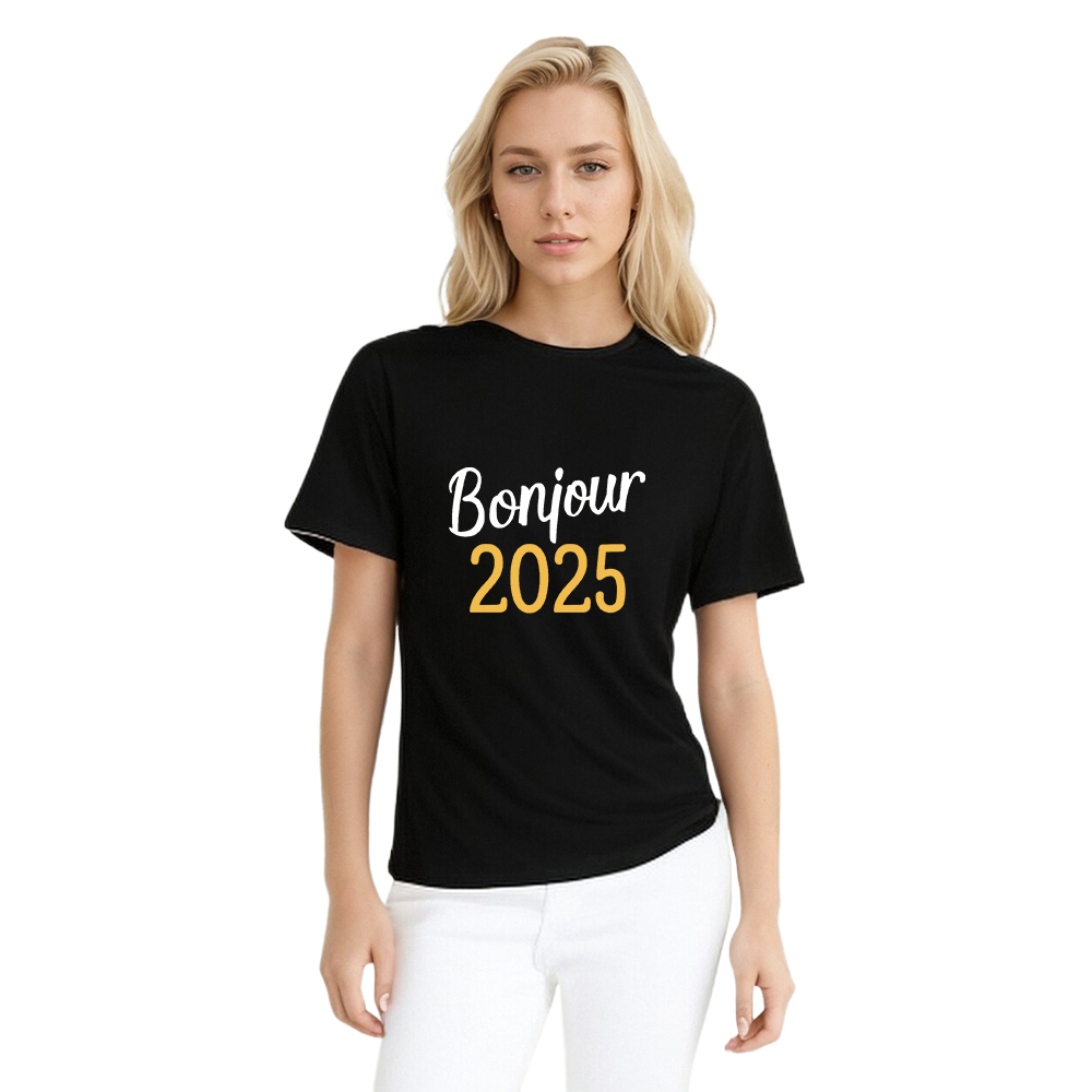 T-shirt 'Bonjour 2025‘ Noir et Blanc du Nouvelle Année