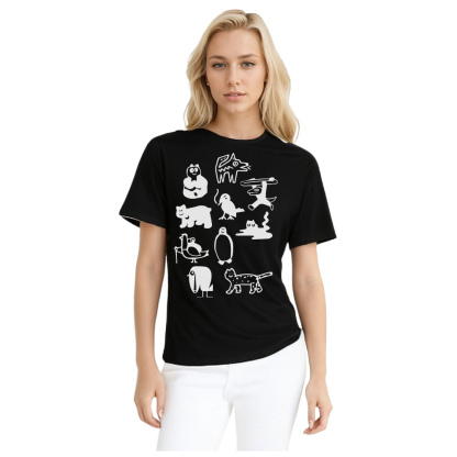 T-shirt Plan d'Ensemble d'Animaux en Noir et Blanc