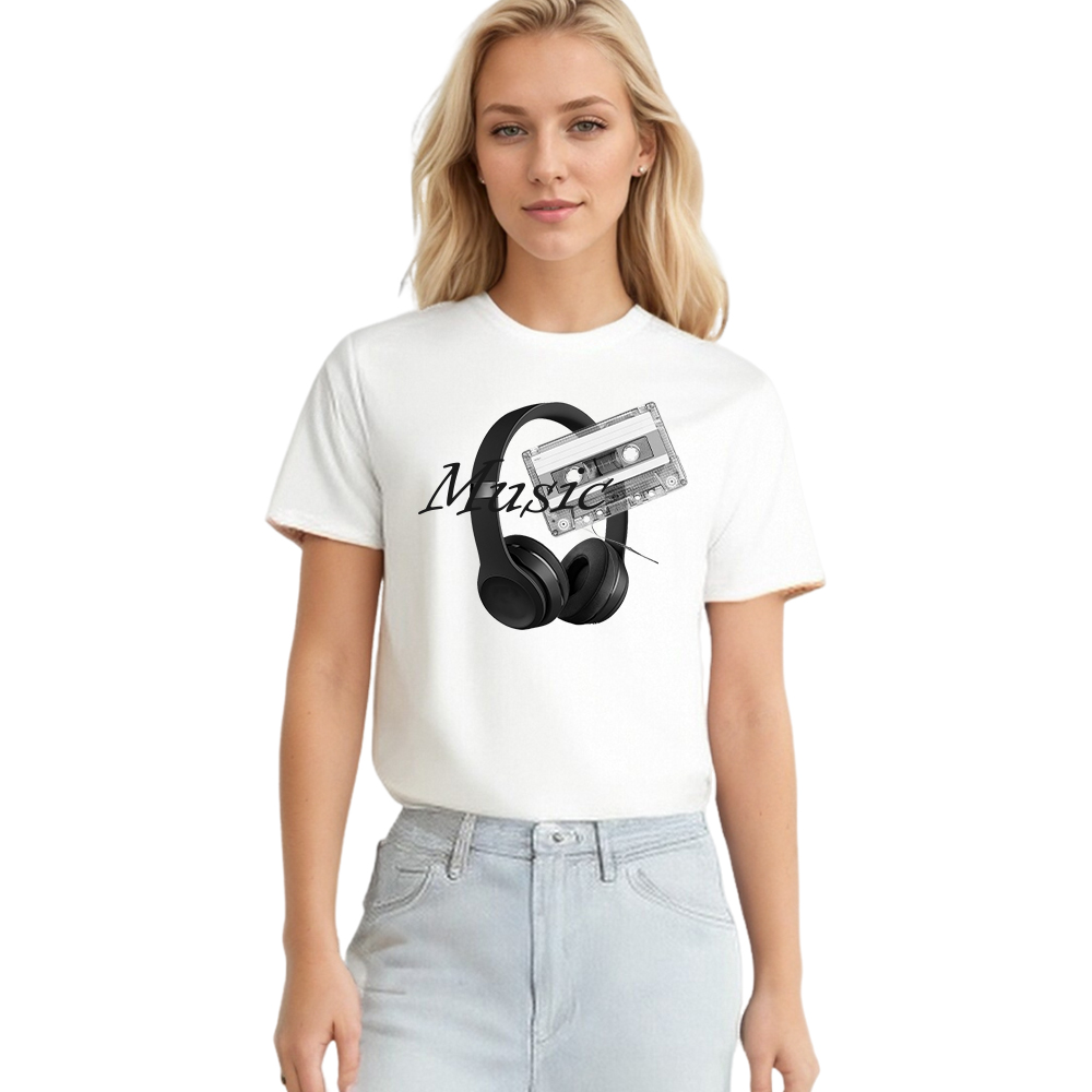 T-shirt Imprimé Blanc Costume Sur la Musique