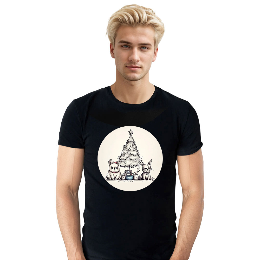 T-shirt Noir Sapin de Noël et Chiot pour Noël 