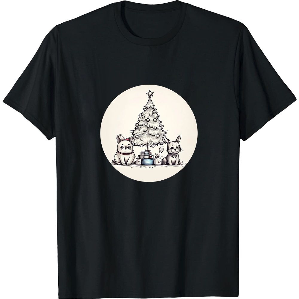 T-shirt Noir Sapin de Noël et Chiot pour Noël 