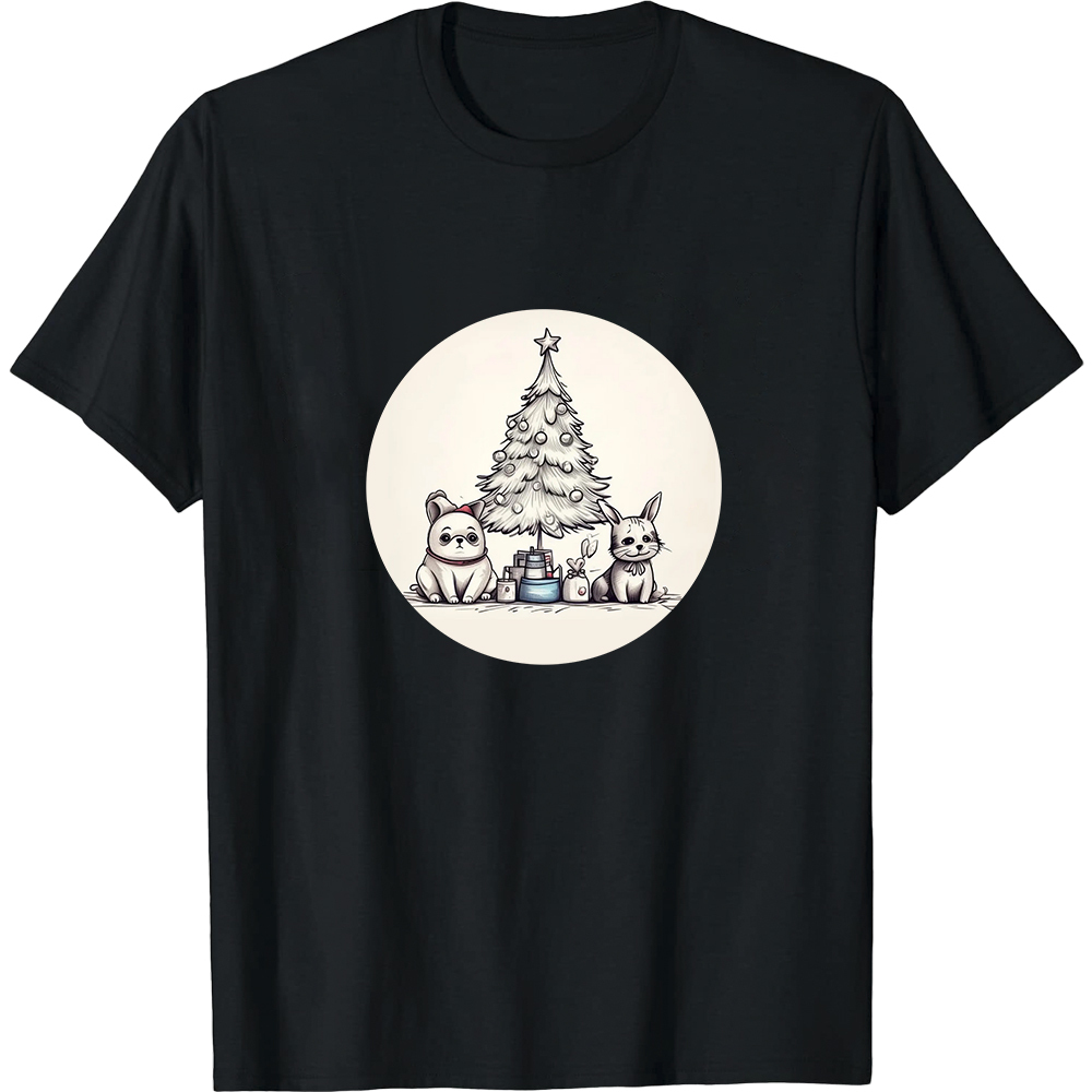 T-shirt Noir Sapin de Noël et Chiot pour Noël 