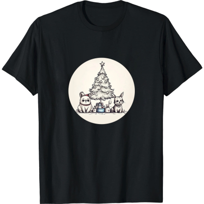 T-shirt Noir Sapin de Noël et Chiot pour Noël 