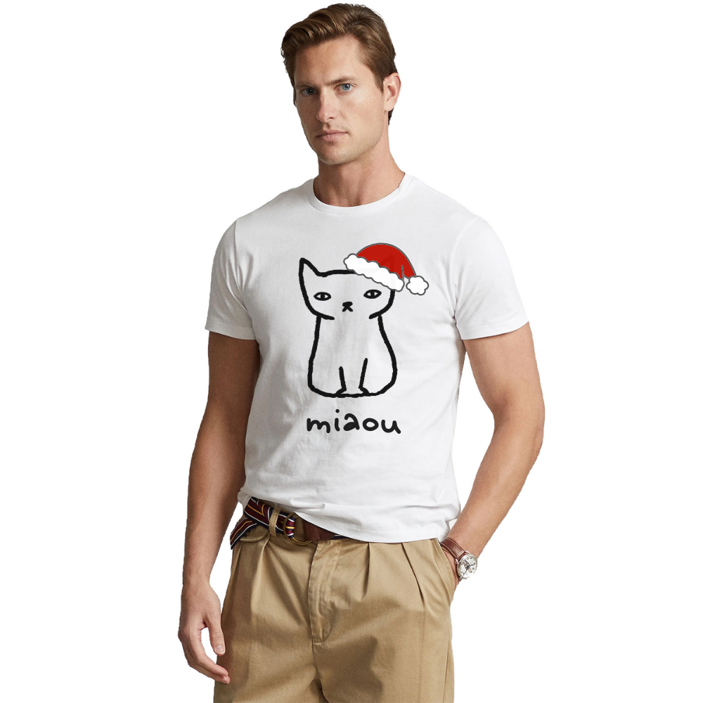 T-shirt Blanc Chaton avec Chapeau de Noël