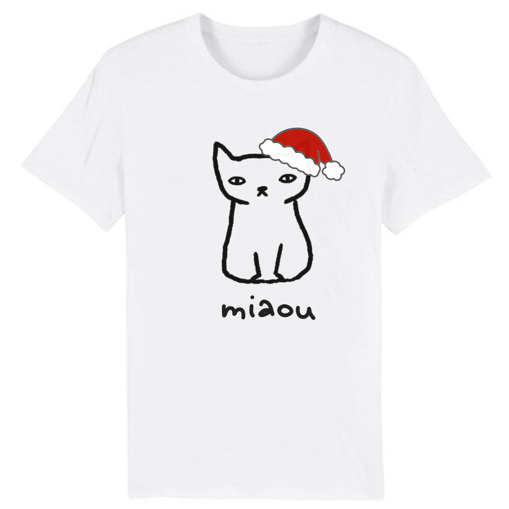 T-shirt Blanc Chaton avec Chapeau de Noël