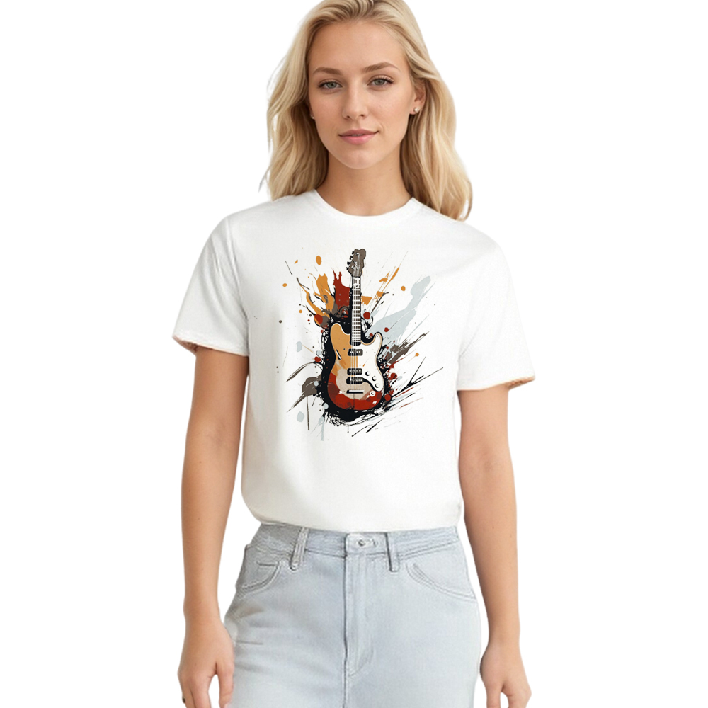 T-shirt Imprimé Blanc La Guitare Electrique Costume Sur la Musique