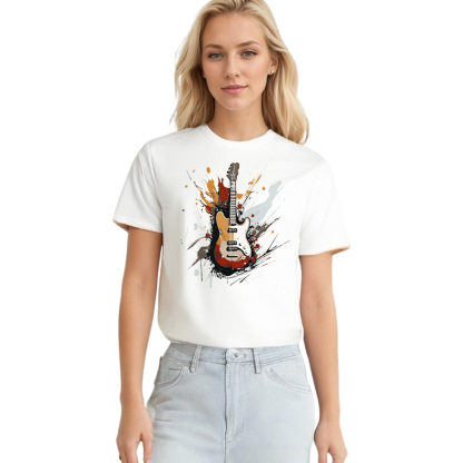 T-shirt Imprimé Blanc La Guitare Electrique Costume Sur la Musique