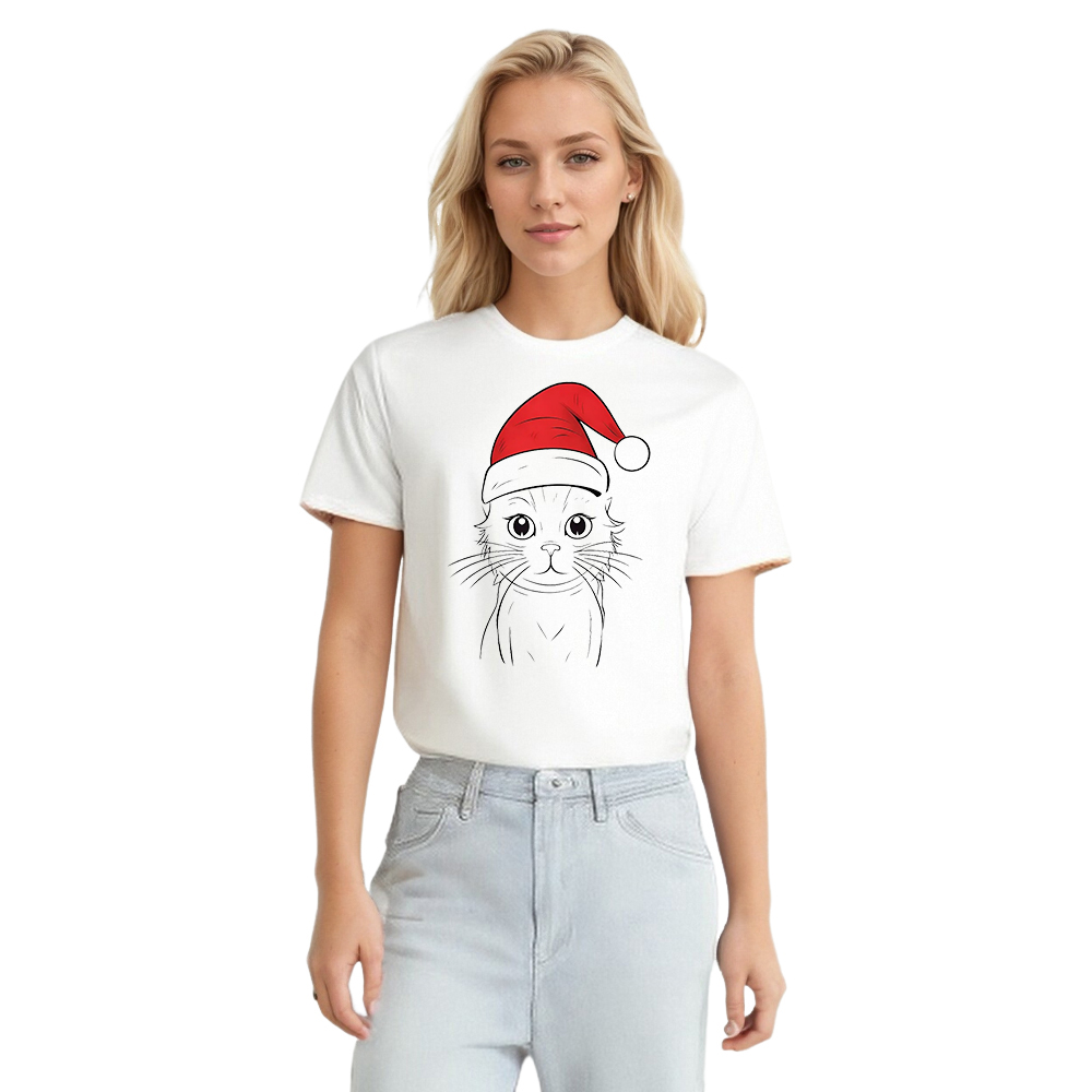 T-shirt Chaton avec un Bonnet de Noël pour Noël 