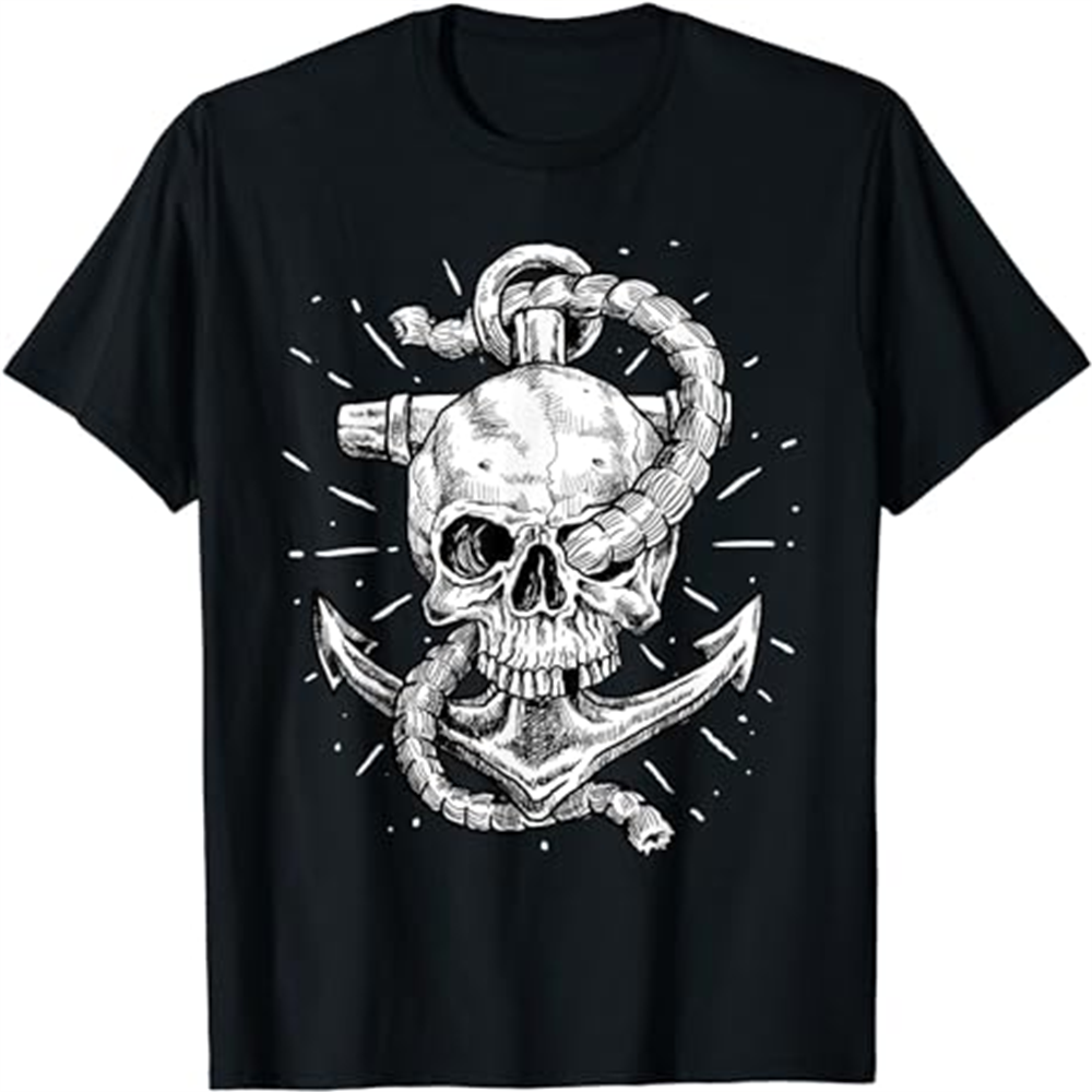 Adult Woman Anchor And Horror Skull Pirate Black T-shirt Costume