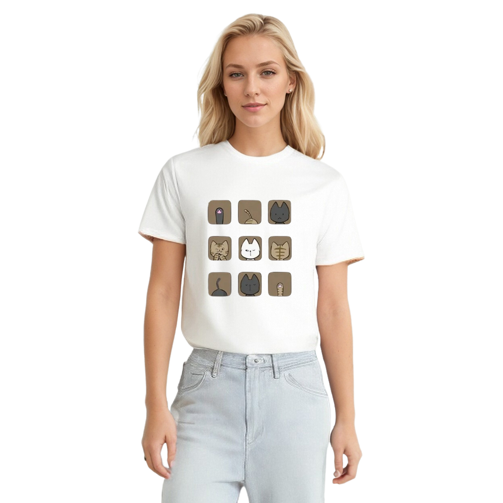 Adult Women Cartoon Cat Graphic Tee Pet White T-shirt
