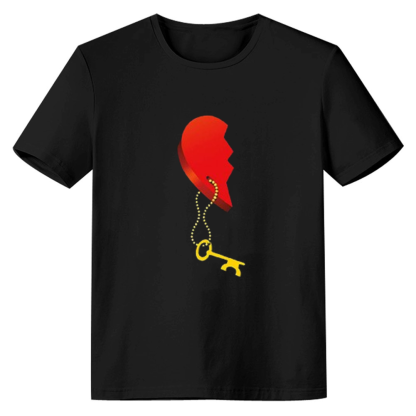 Adult Unisex Key Lock Heart Pattern Valentine's Day Black White Short Sleeve T-shirt Outfits Top Costume