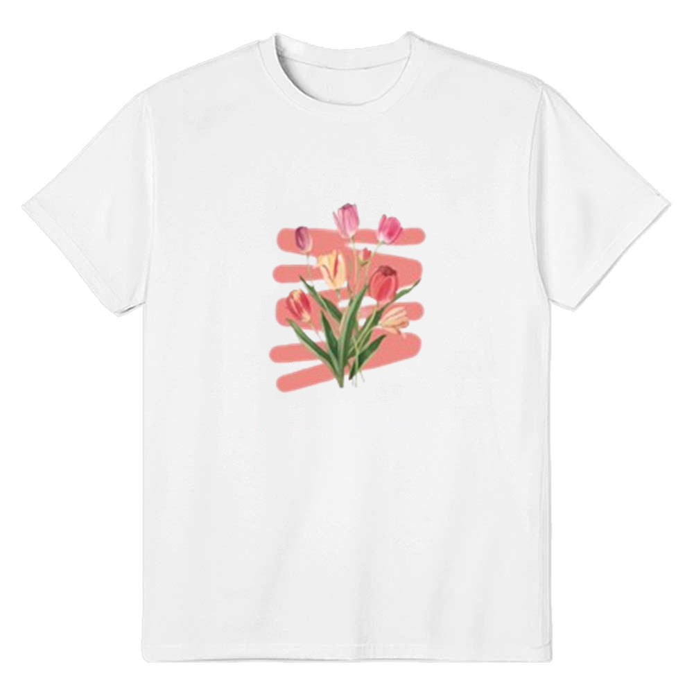 Adult Unisex Rose Lily Pattern Flower White Short Sleeve T-shirt Outfits Top Costume