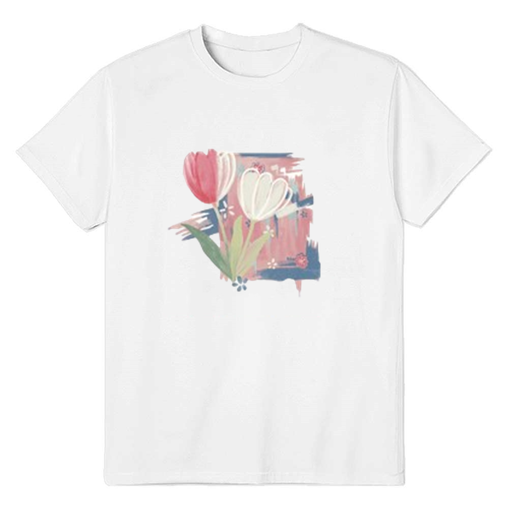 Adult Unisex Rose Lily Pattern Flower White Short Sleeve T-shirt Outfits Top Costume