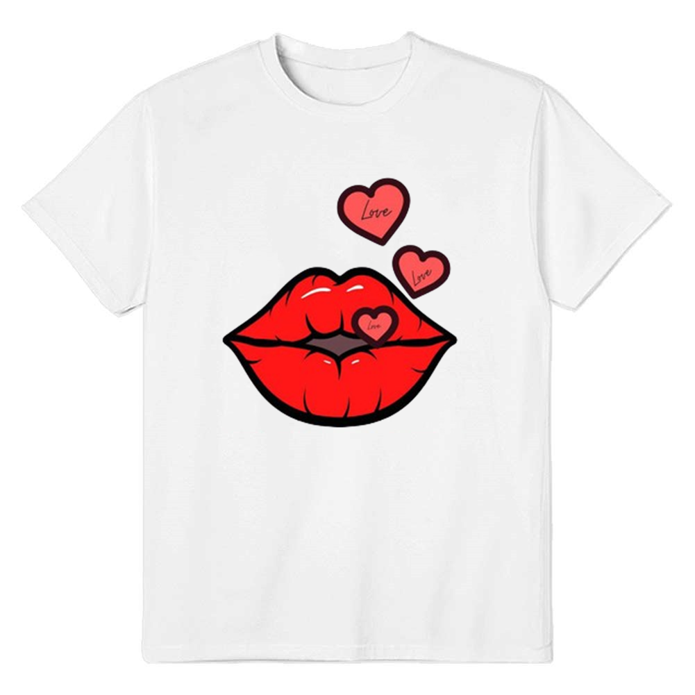 Adult Unisex Heart Lip Pattern Valentine's Day White Short Sleeve T-shirt Outfits Top Costume