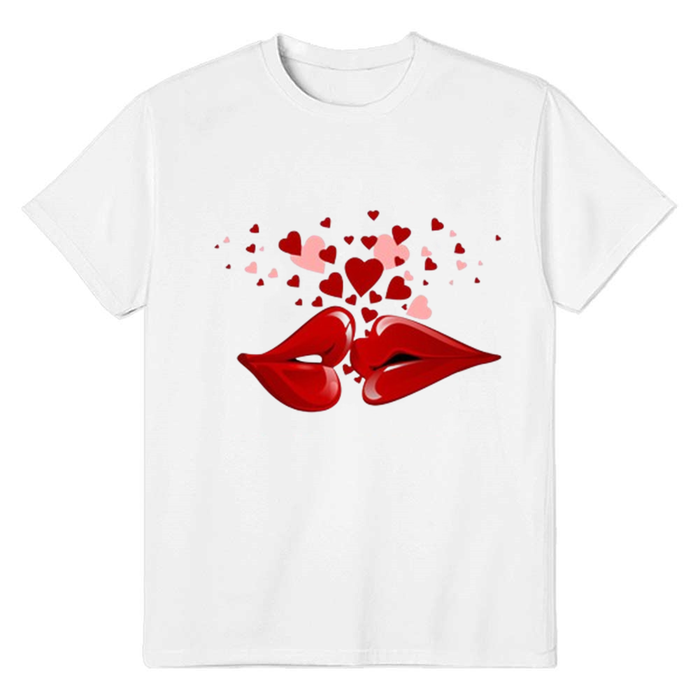 Adult Unisex Heart Lip Pattern Valentine's Day White Short Sleeve T-shirt Outfits Top Costume