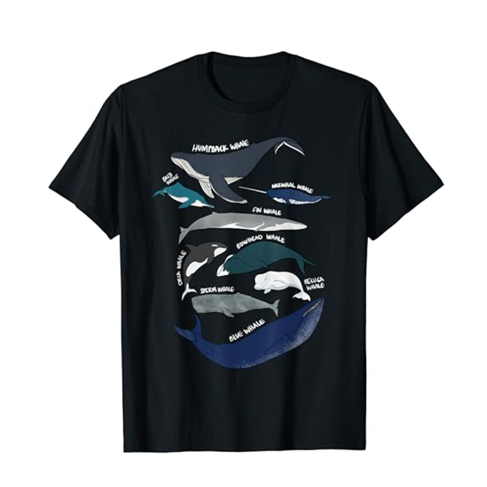 Adult 9 Types of Whales Shirt Whale Breeds Species Whale Lover Black Short Sleeve T-shirt Outfits Top Costume